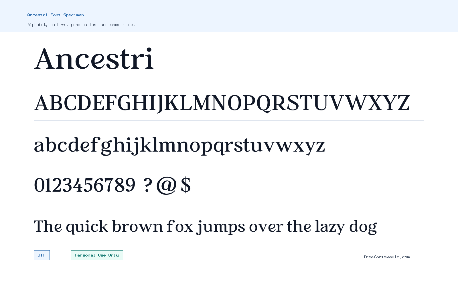 Ancestri font specimen showing alphabet, numbers, and sample text