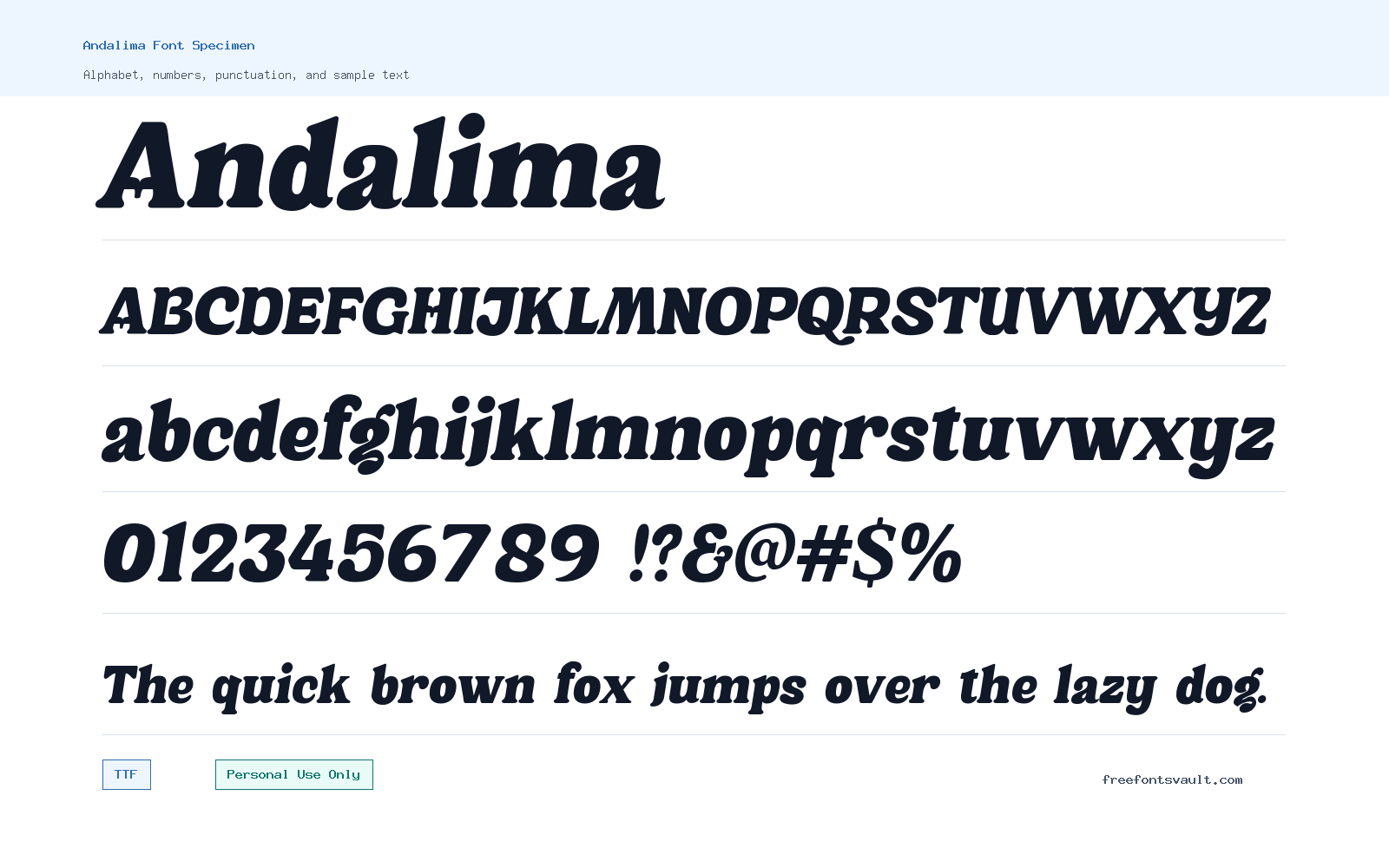 Andalima font specimen showing alphabet, numbers, and sample text