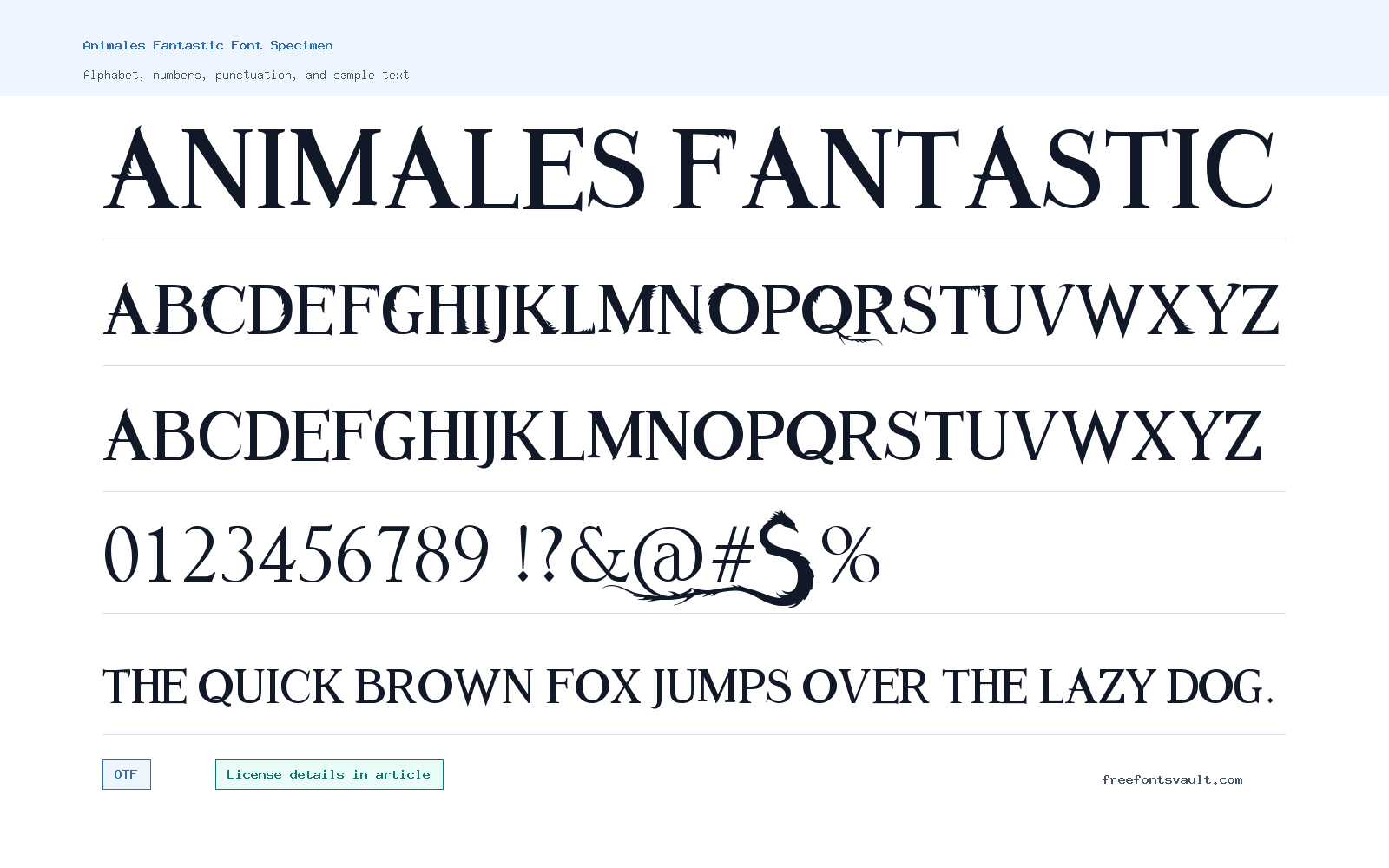 Animales Fantastic font specimen showing alphabet, numbers, and sample text