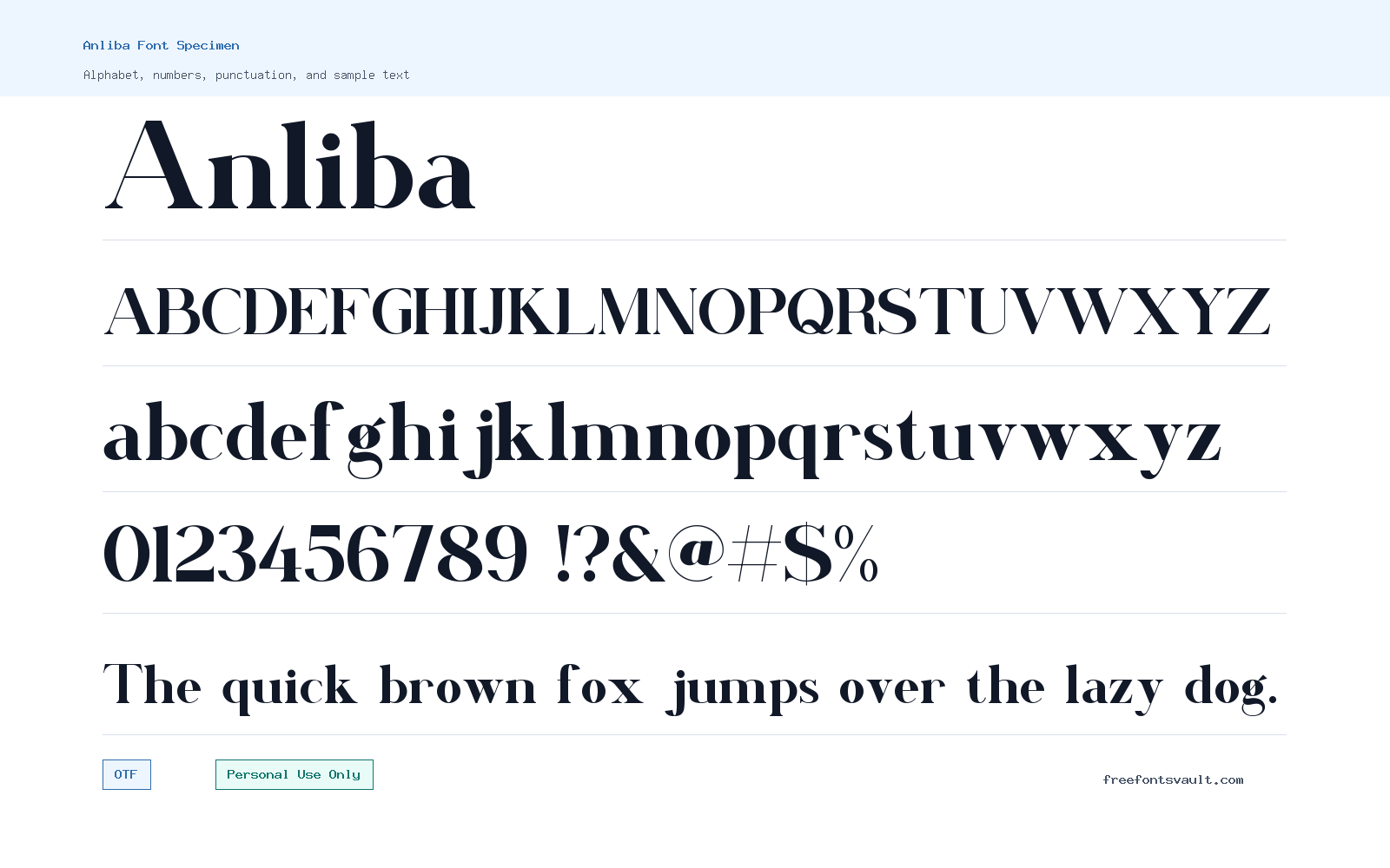 Anliba font specimen showing alphabet, numbers, and sample text
