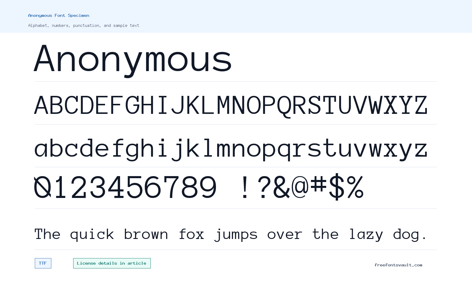 Anonymous font specimen showing alphabet, numbers, and sample text