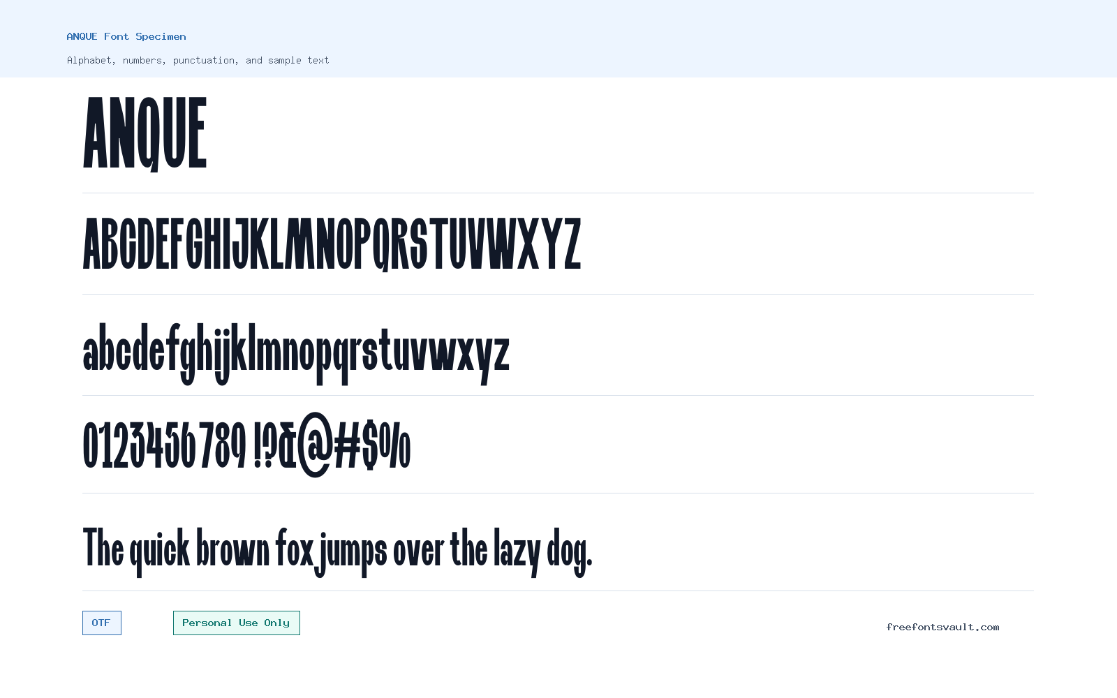 ANQUE font specimen showing alphabet, numbers, and sample text
