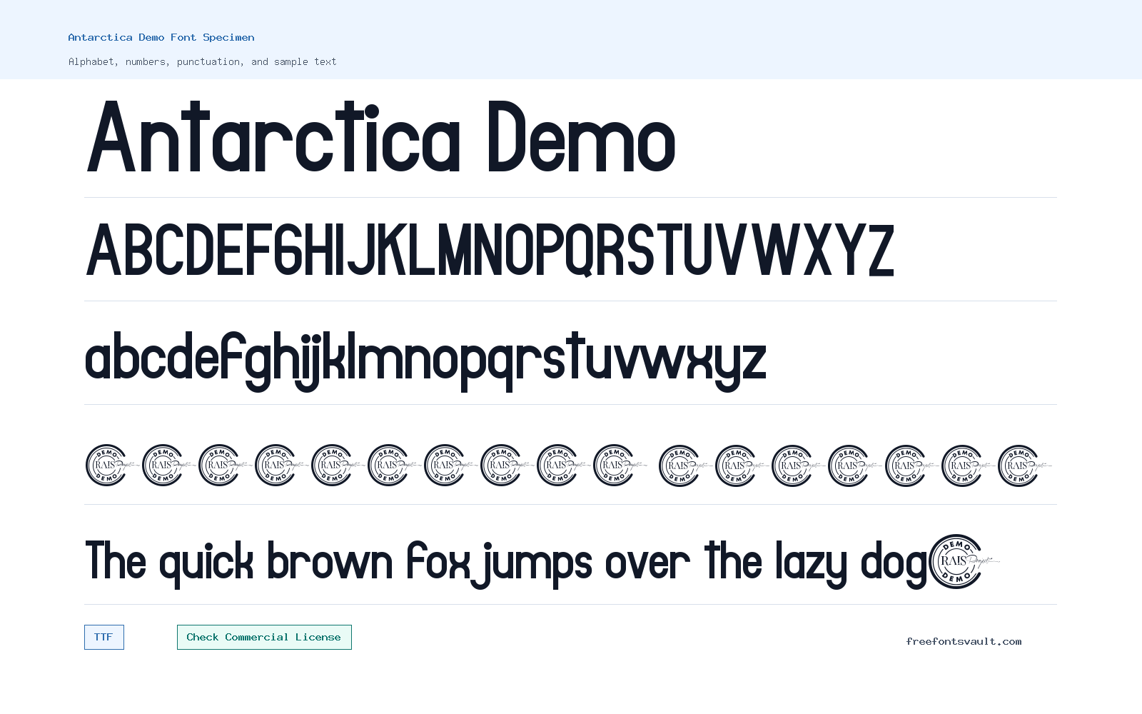 Antarctica Demo font specimen showing alphabet, numbers, and sample text
