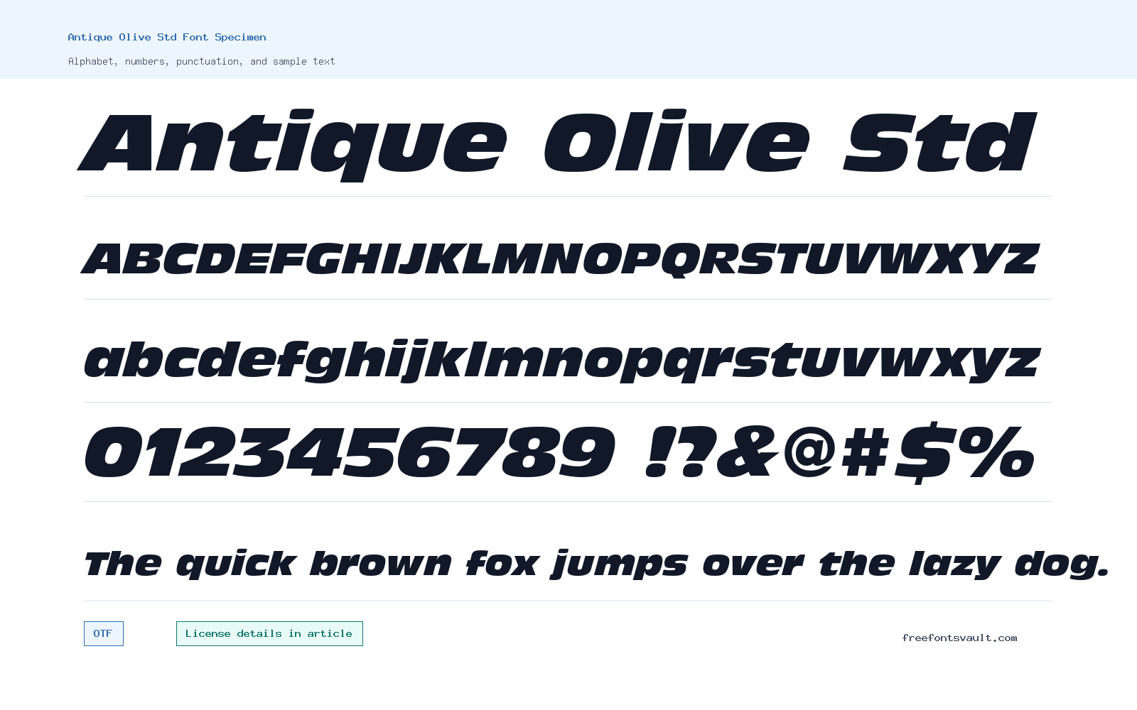 Antique Olive Std font specimen showing alphabet, numbers, and sample text
