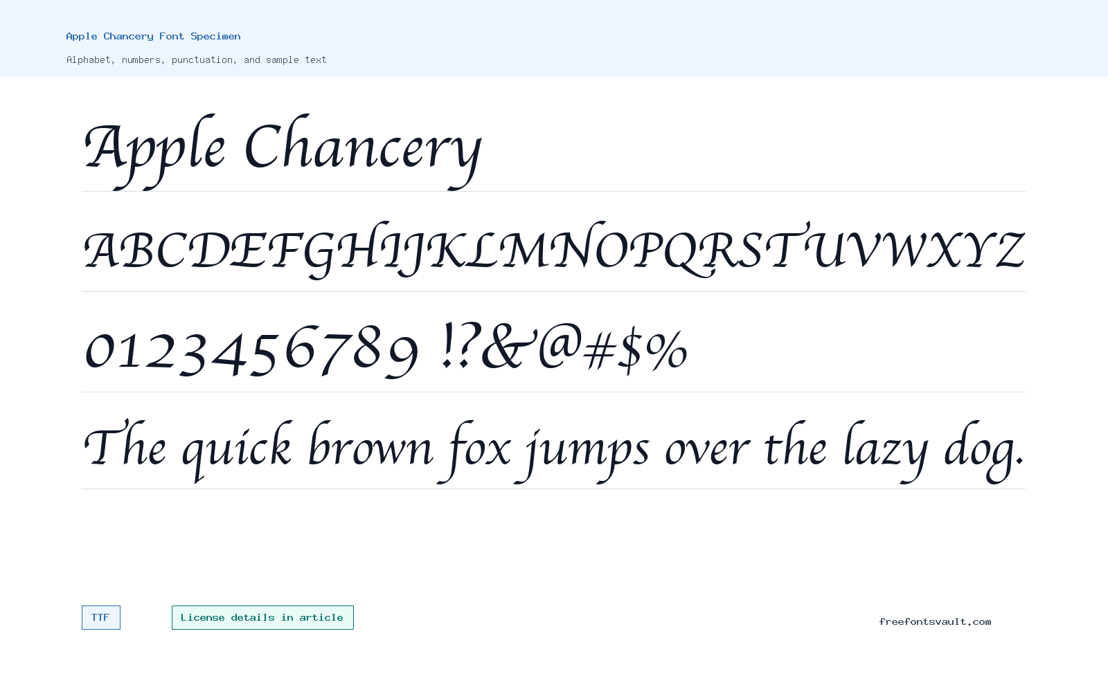 Apple Chancery font specimen showing alphabet, numbers, and sample text