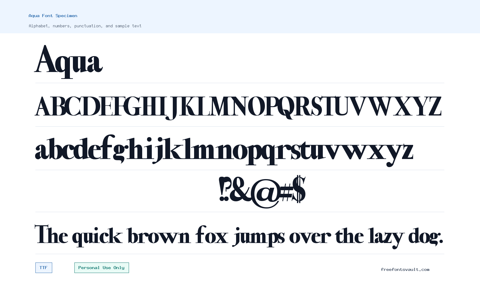 Aqua font specimen showing alphabet, numbers, and sample text