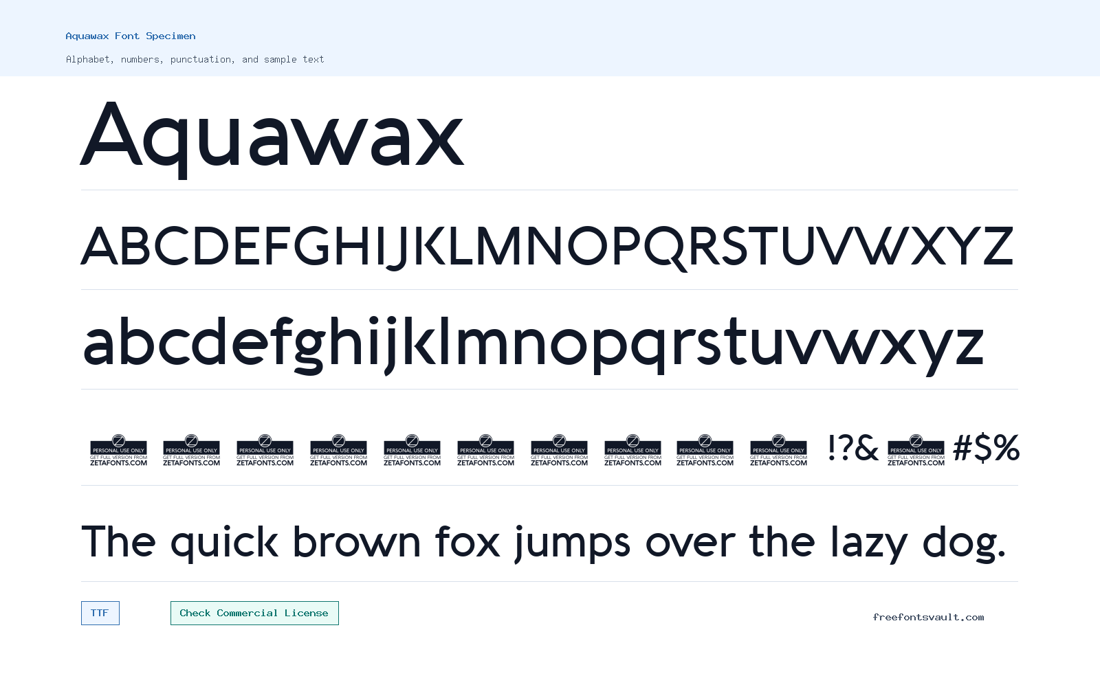 Aquawax font specimen showing alphabet, numbers, and sample text