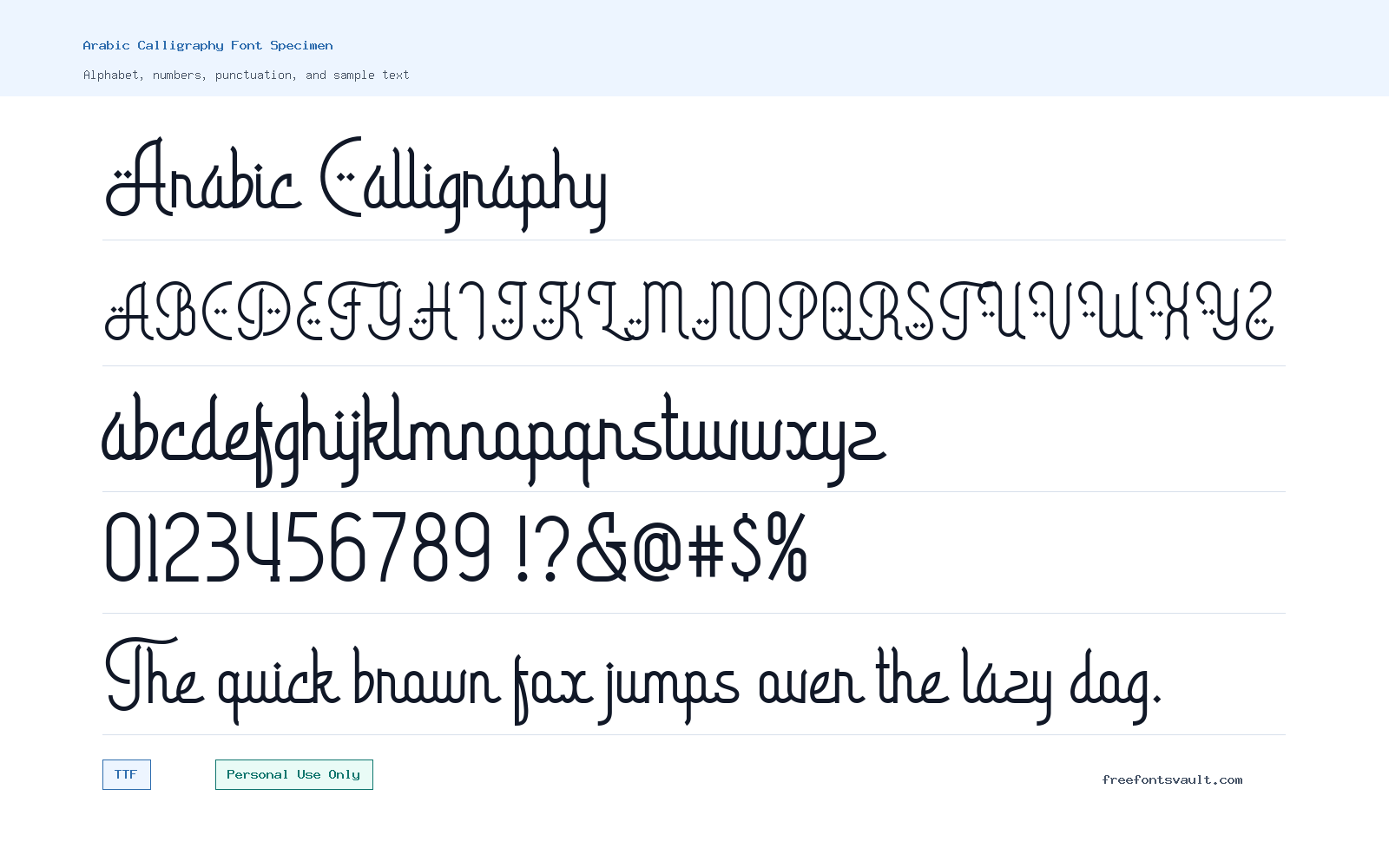 Arabic Calligraphy font specimen showing alphabet, numbers, and sample text