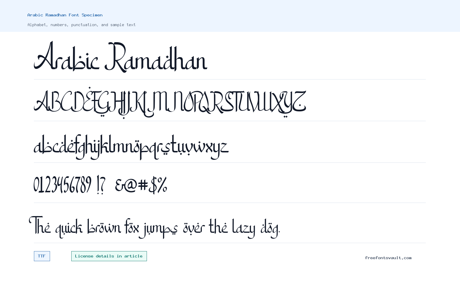 Arabic Ramadhan font specimen showing alphabet, numbers, and sample text