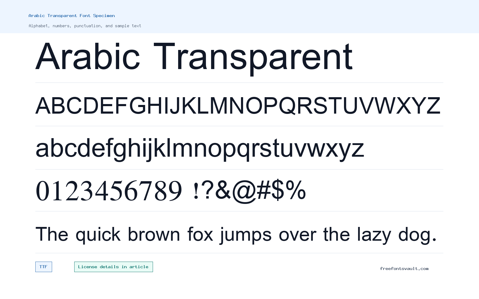 Arabic Transparent font specimen showing alphabet, numbers, and sample text
