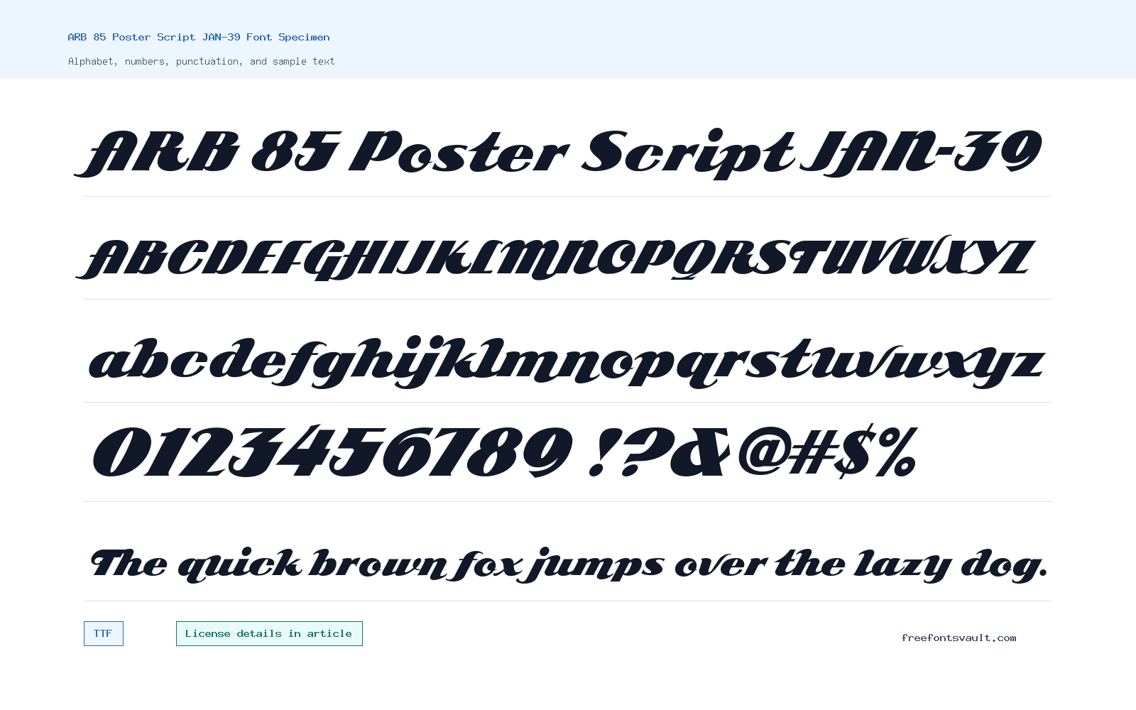 ARB 85 Poster Script JAN-39 font specimen showing alphabet, numbers, and sample text