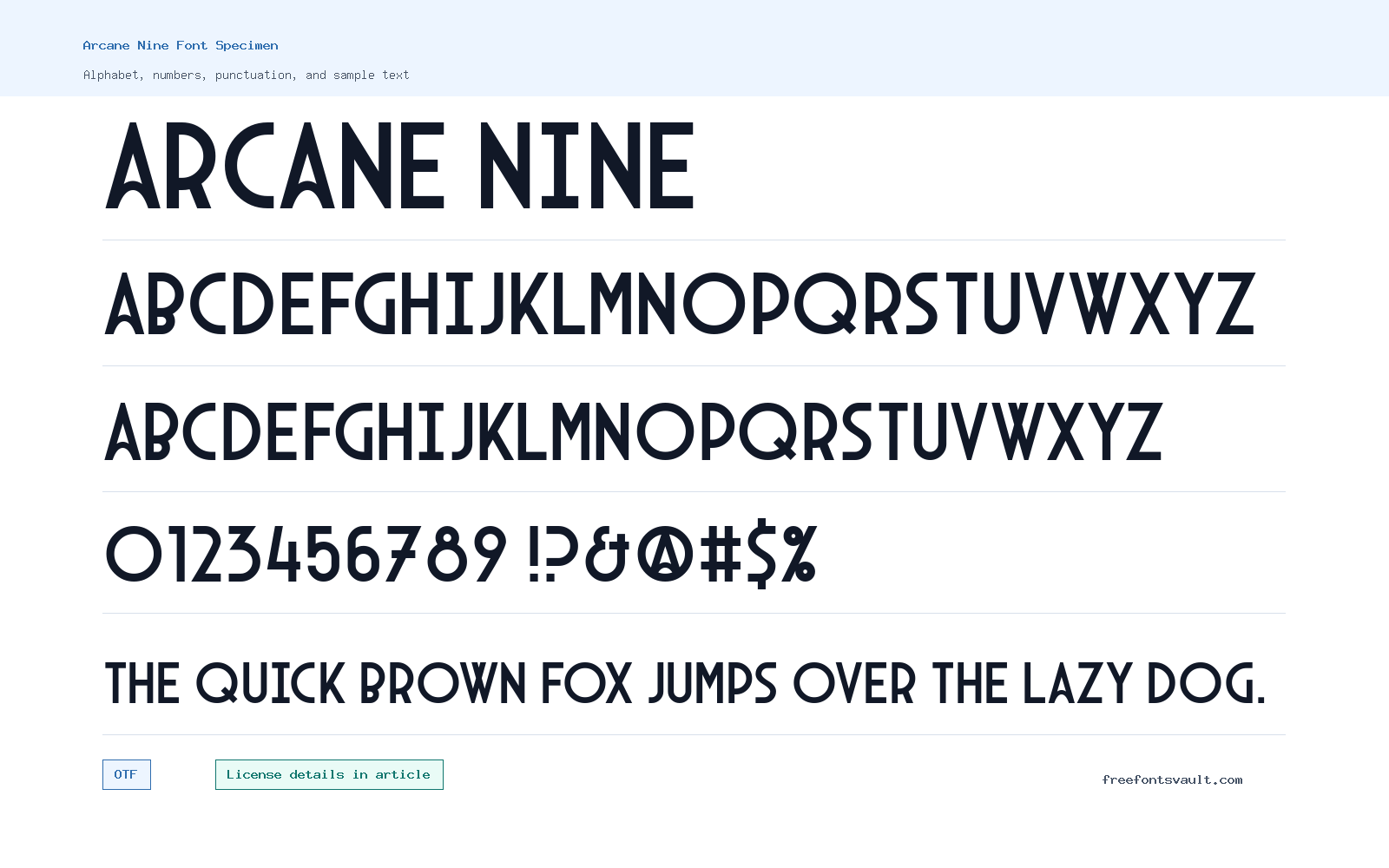 Arcane Nine font specimen showing alphabet, numbers, and sample text