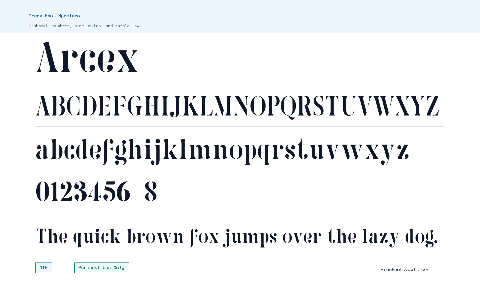 Arcex font specimen showing alphabet, numbers, and sample text