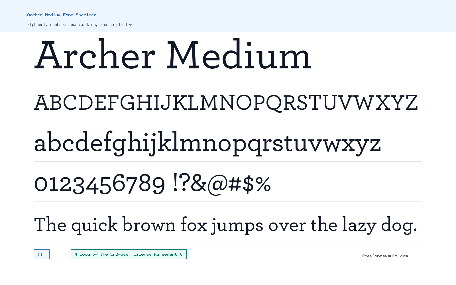 Archer Medium font specimen showing alphabet, numbers, and sample text