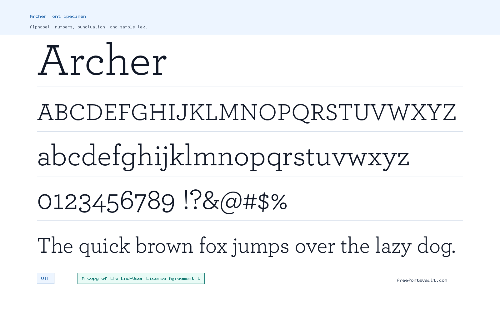 Archer font specimen showing alphabet, numbers, and sample text