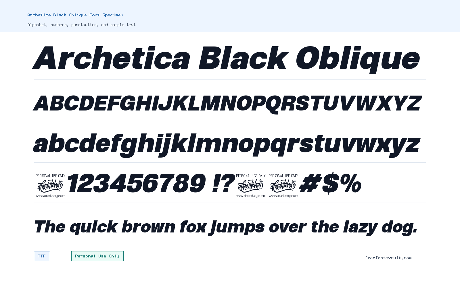 Archetica Black Oblique font specimen showing alphabet, numbers, and sample text