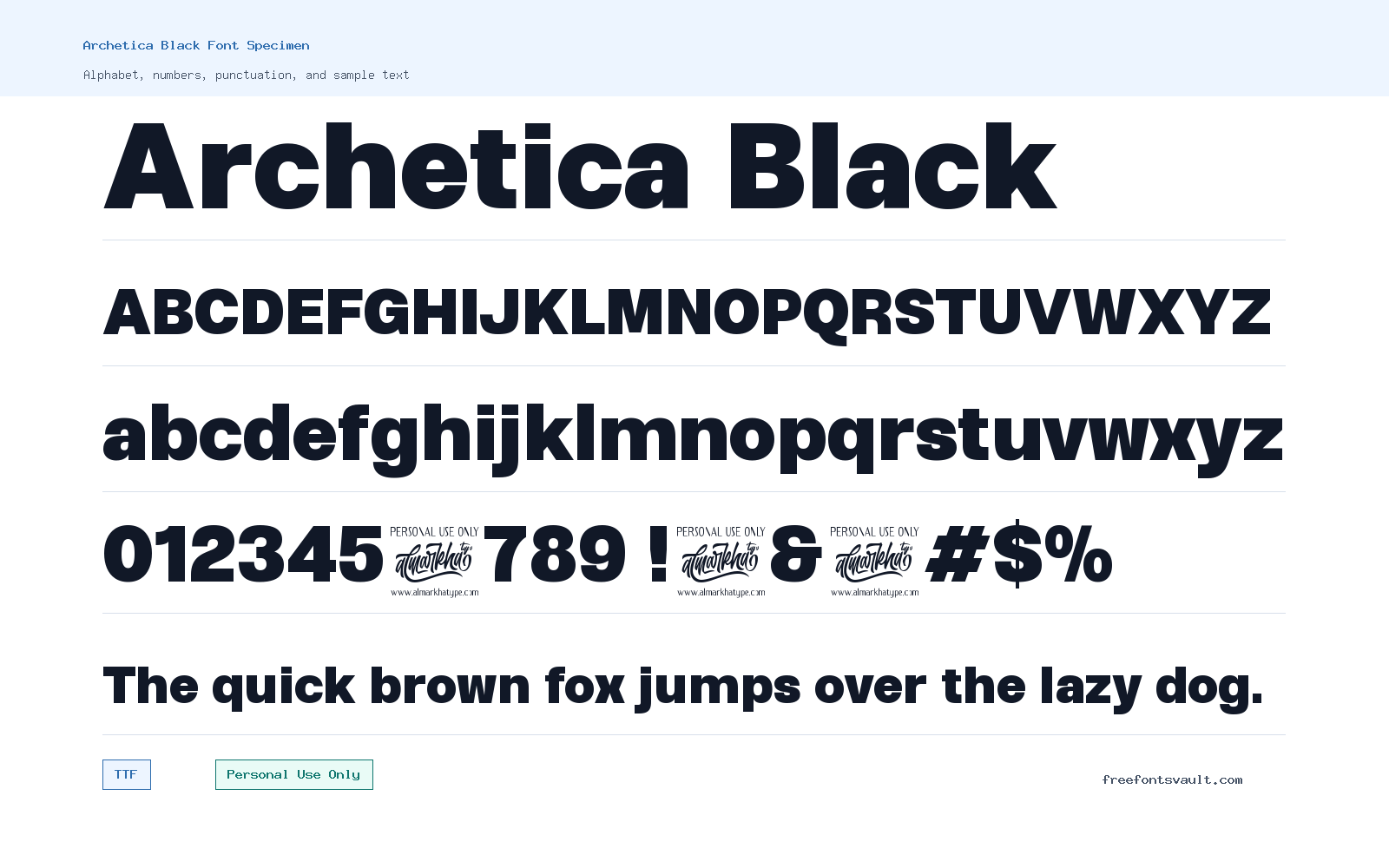 Archetica Black font specimen showing alphabet, numbers, and sample text