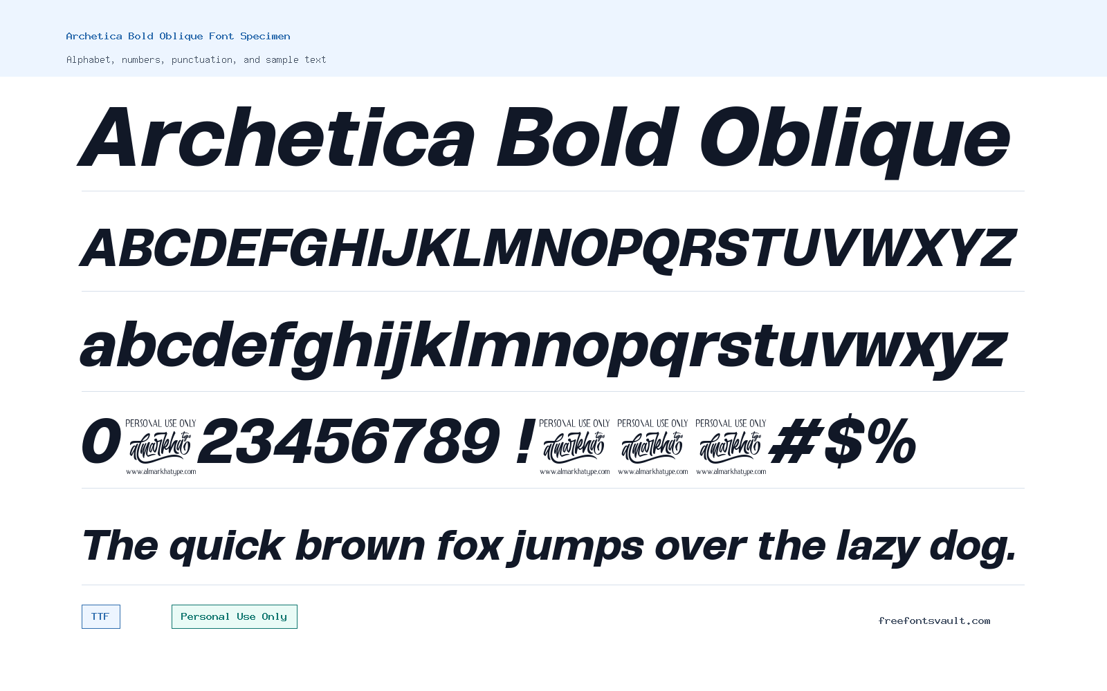 Archetica Bold Oblique font specimen showing alphabet, numbers, and sample text