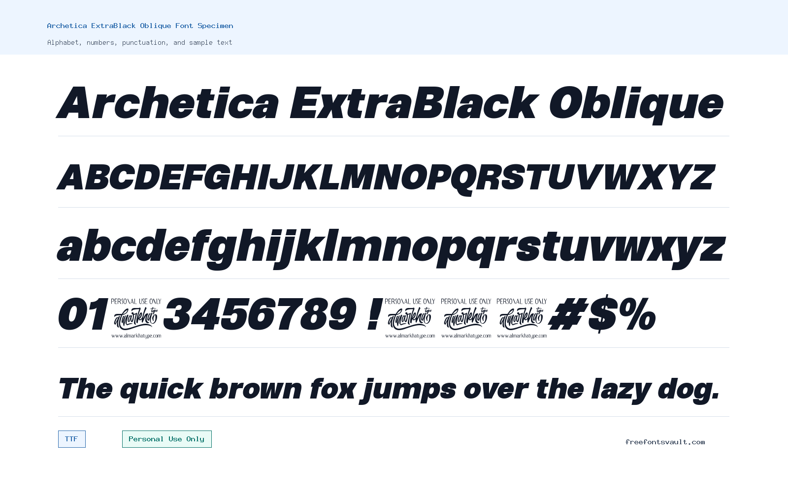 Archetica ExtraBlack Oblique font specimen showing alphabet, numbers, and sample text