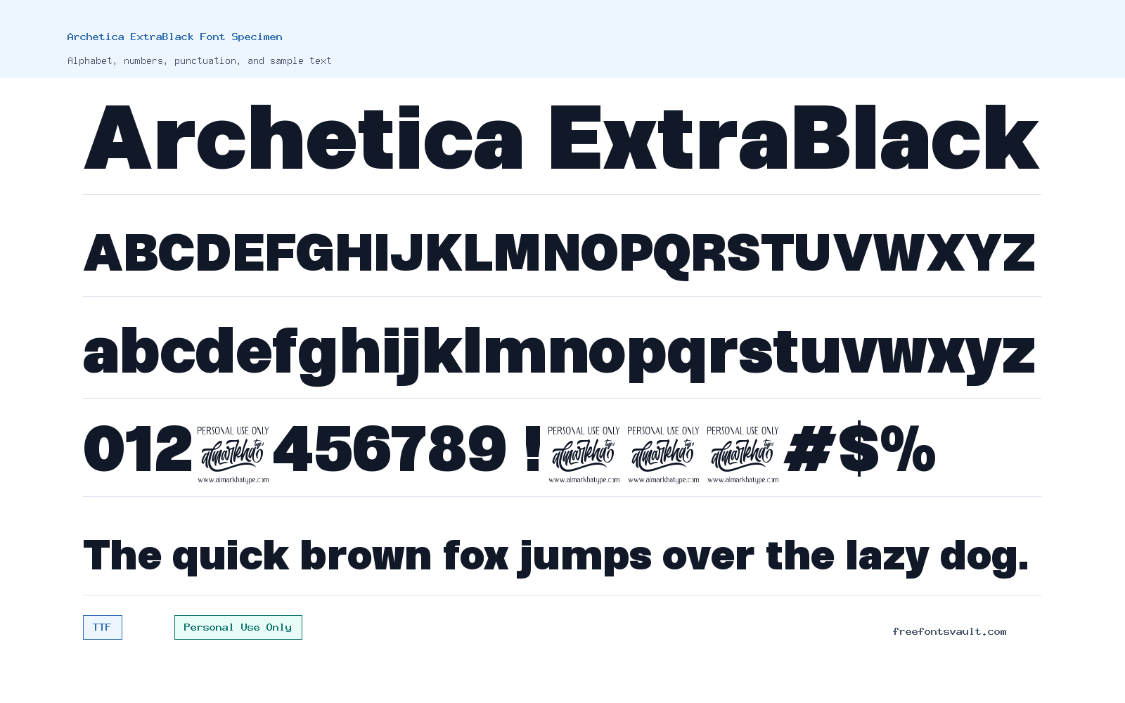 Archetica ExtraBlack font specimen showing alphabet, numbers, and sample text