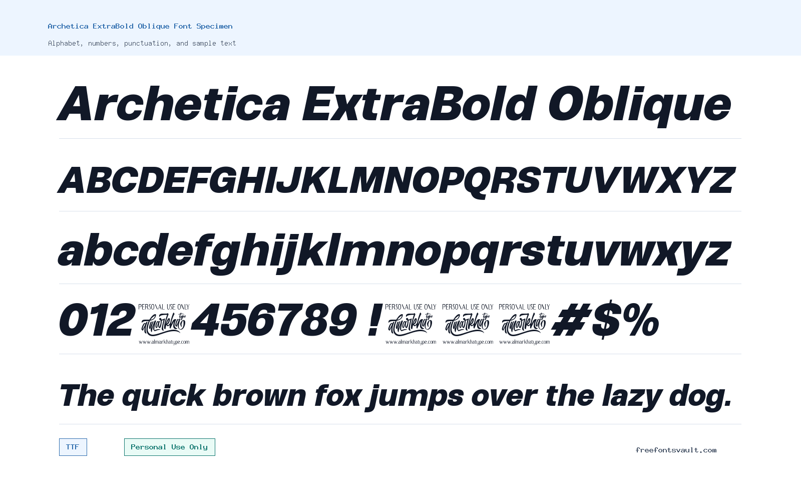 Archetica ExtraBold Oblique font specimen showing alphabet, numbers, and sample text