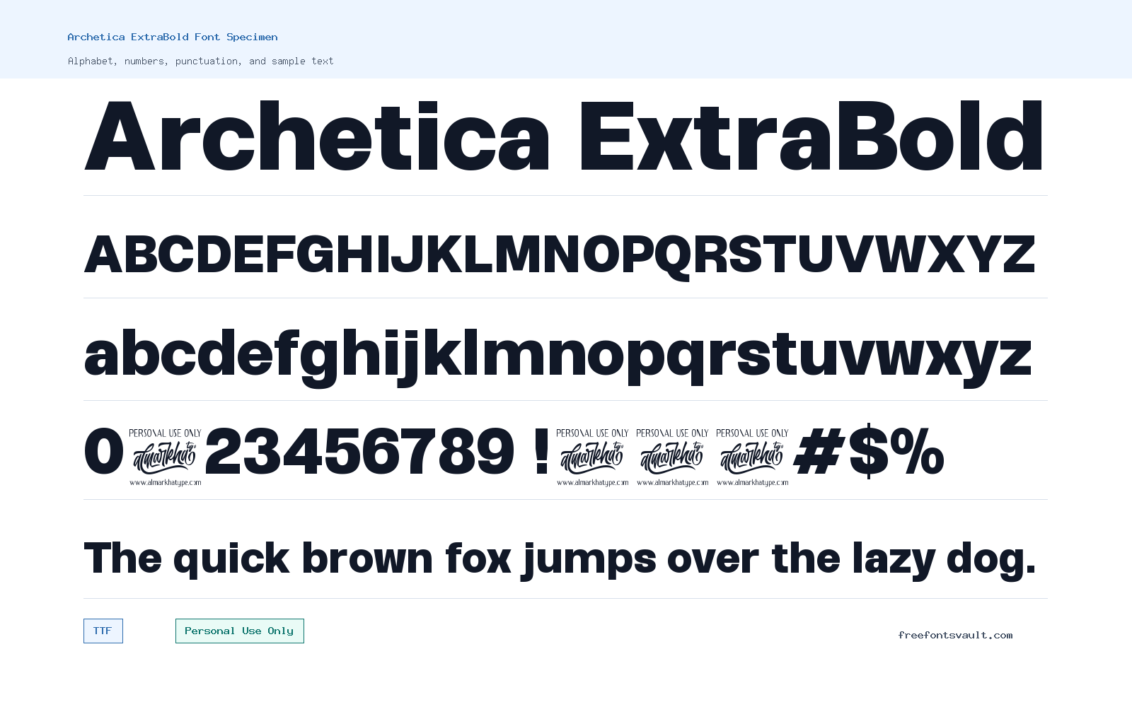 Archetica ExtraBold font specimen showing alphabet, numbers, and sample text