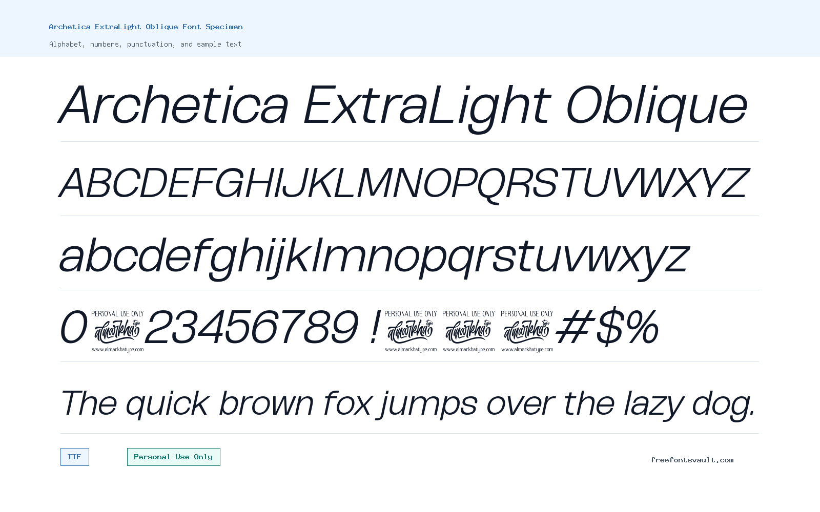 Archetica ExtraLight Oblique font specimen showing alphabet, numbers, and sample text