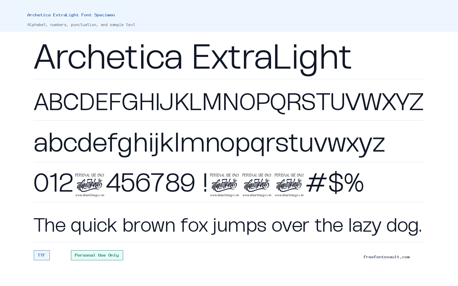 Archetica ExtraLight font specimen showing alphabet, numbers, and sample text