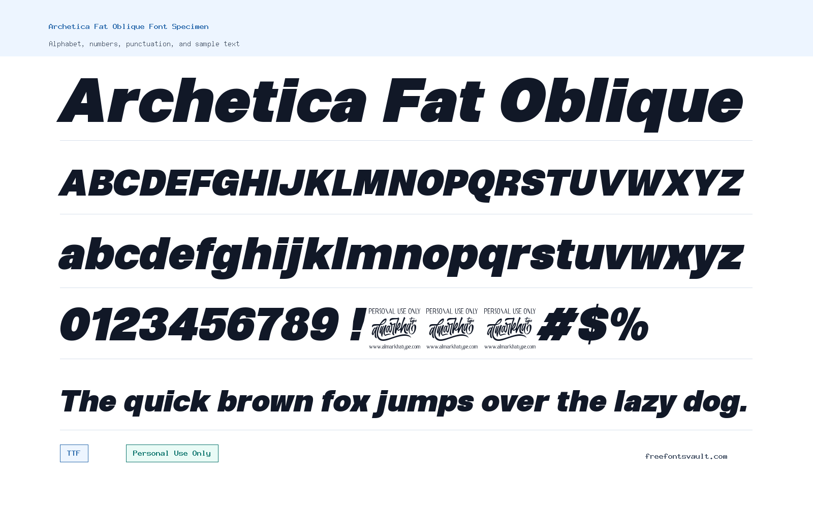 Archetica Fat Oblique font specimen showing alphabet, numbers, and sample text