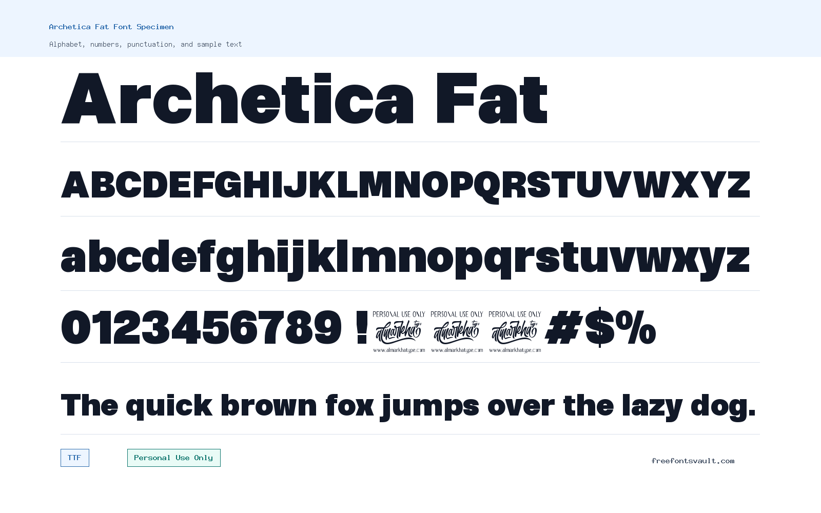Archetica Fat font specimen showing alphabet, numbers, and sample text