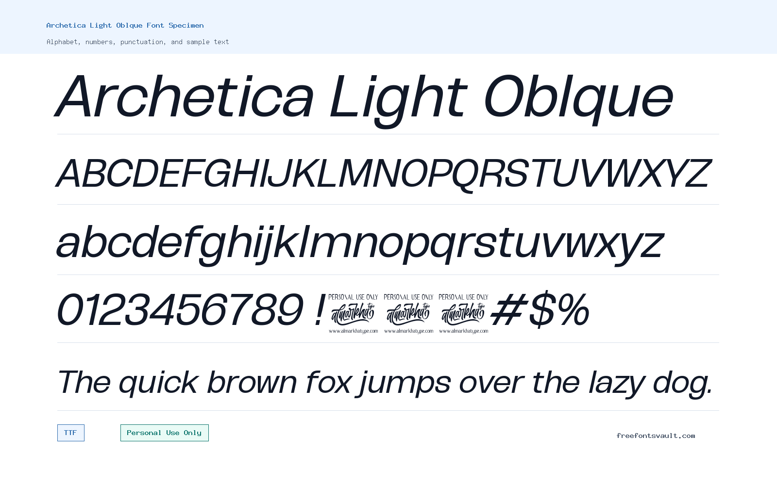 Archetica Light Oblque font specimen showing alphabet, numbers, and sample text