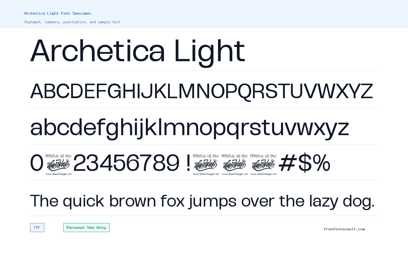 Archetica Light font specimen showing alphabet, numbers, and sample text