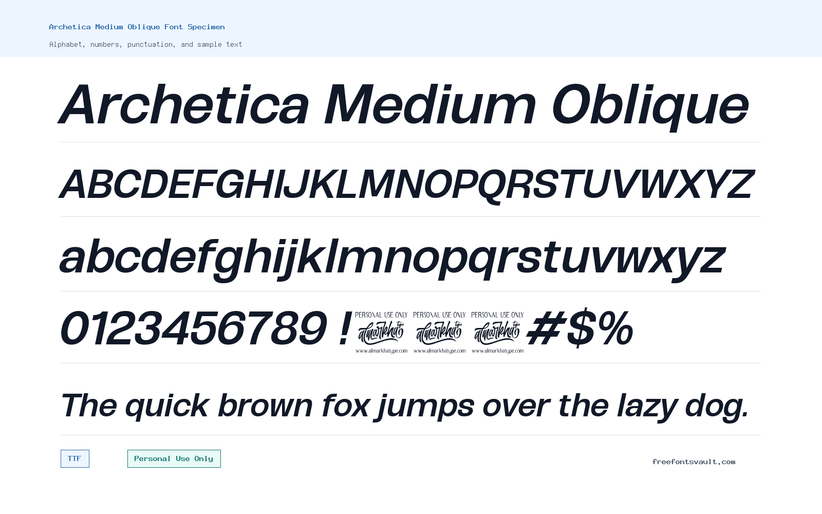 Archetica Medium Oblique font specimen showing alphabet, numbers, and sample text
