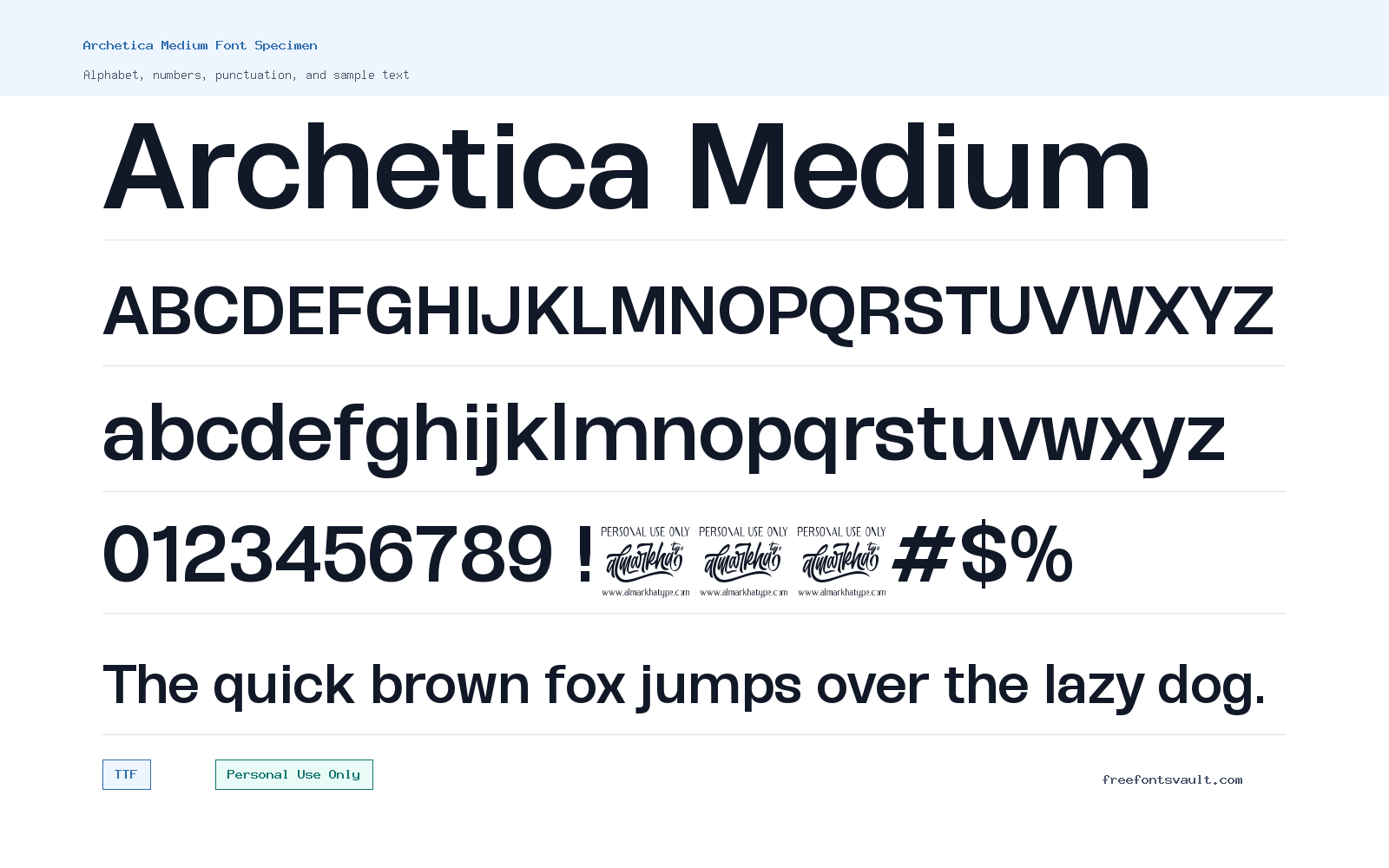 Archetica Medium font specimen showing alphabet, numbers, and sample text