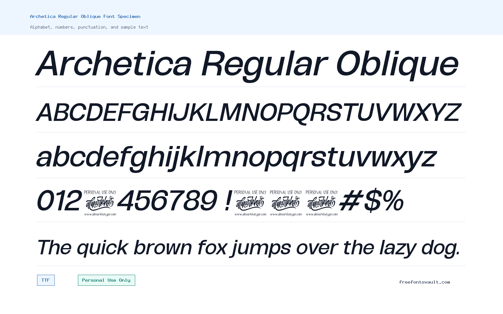 Archetica Regular Oblique font specimen showing alphabet, numbers, and sample text