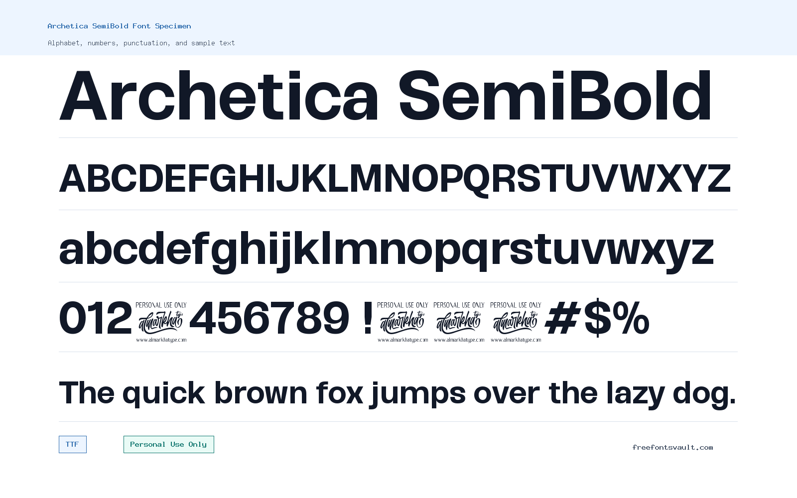 Archetica SemiBold font specimen showing alphabet, numbers, and sample text