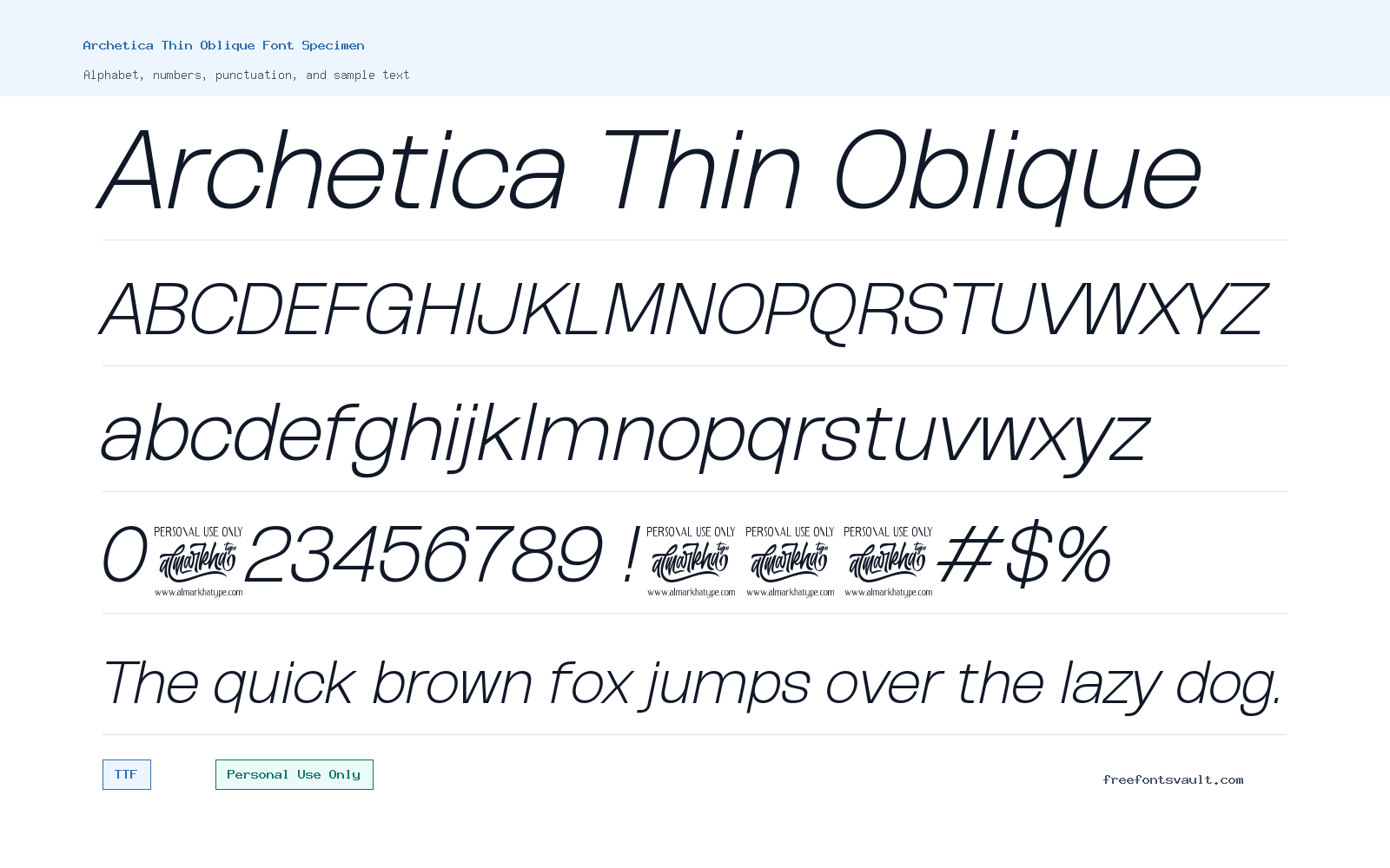 Archetica Thin Oblique font specimen showing alphabet, numbers, and sample text