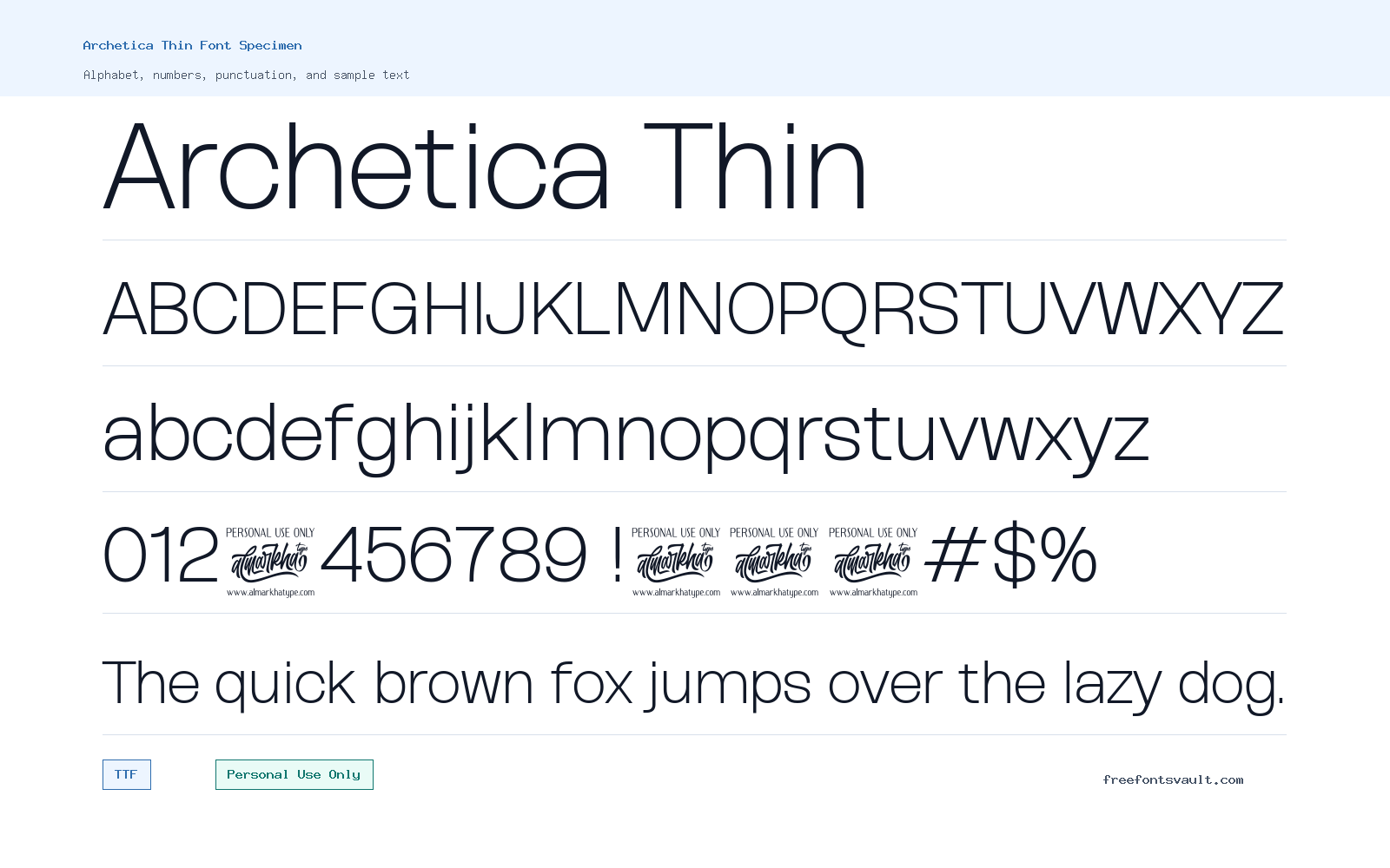 Archetica Thin font specimen showing alphabet, numbers, and sample text