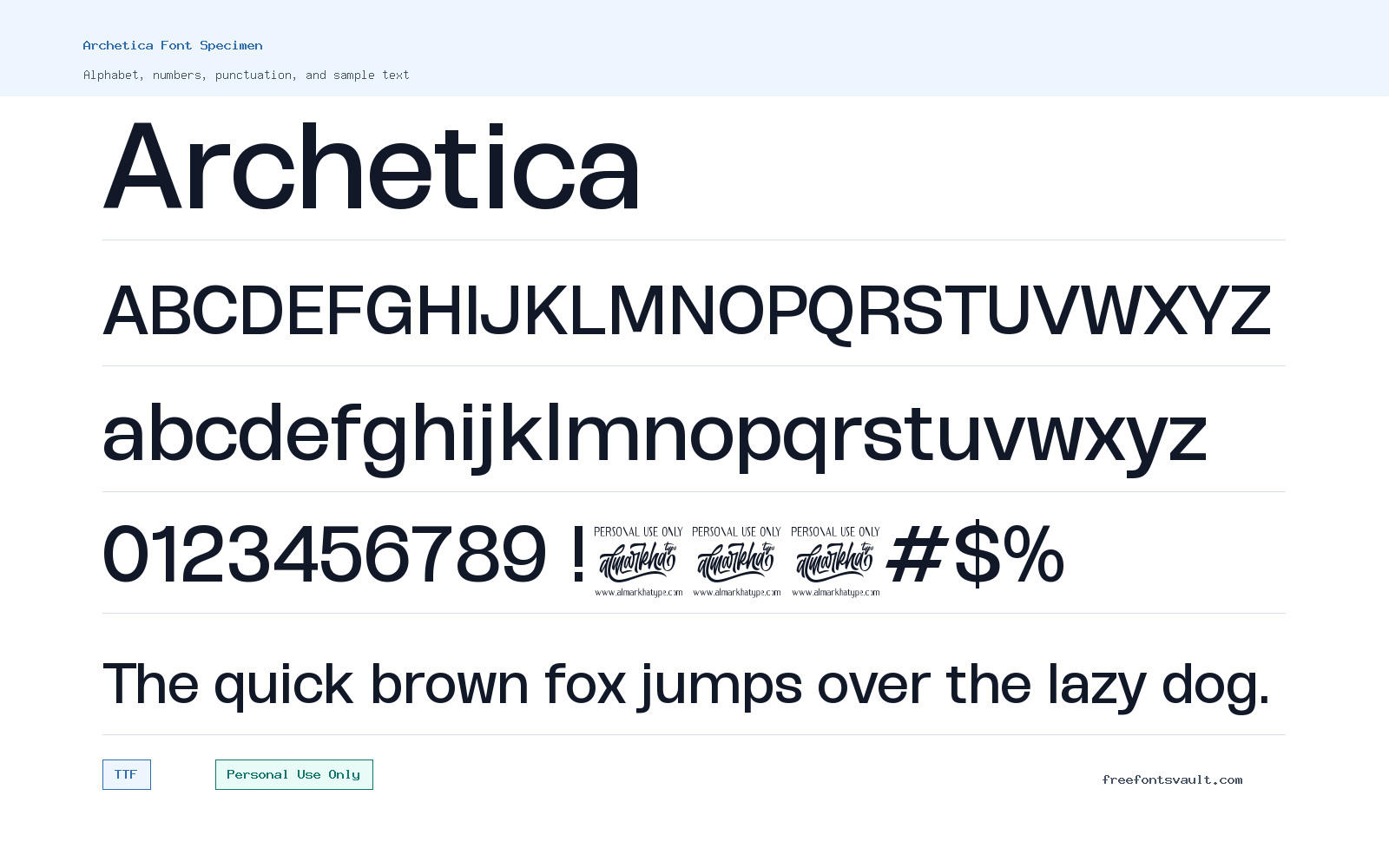 Archetica font specimen showing alphabet, numbers, and sample text