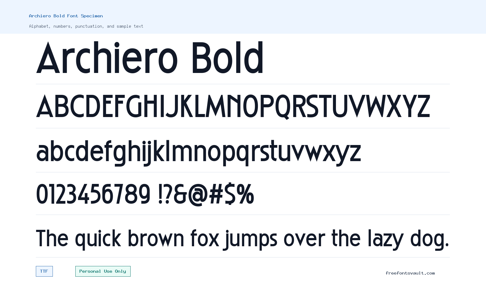 Archiero Bold font specimen showing alphabet, numbers, and sample text