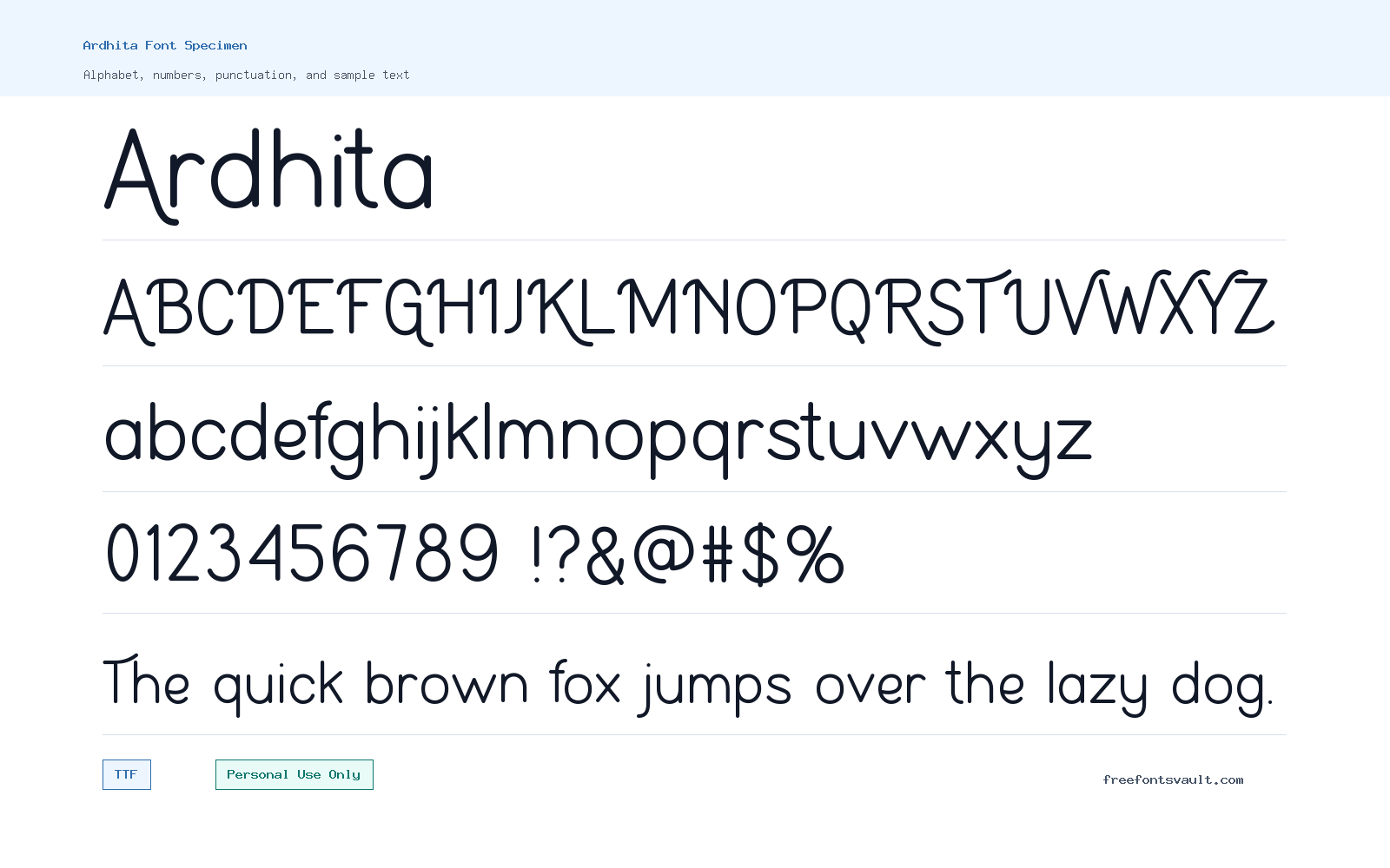 Ardhita font specimen showing alphabet, numbers, and sample text