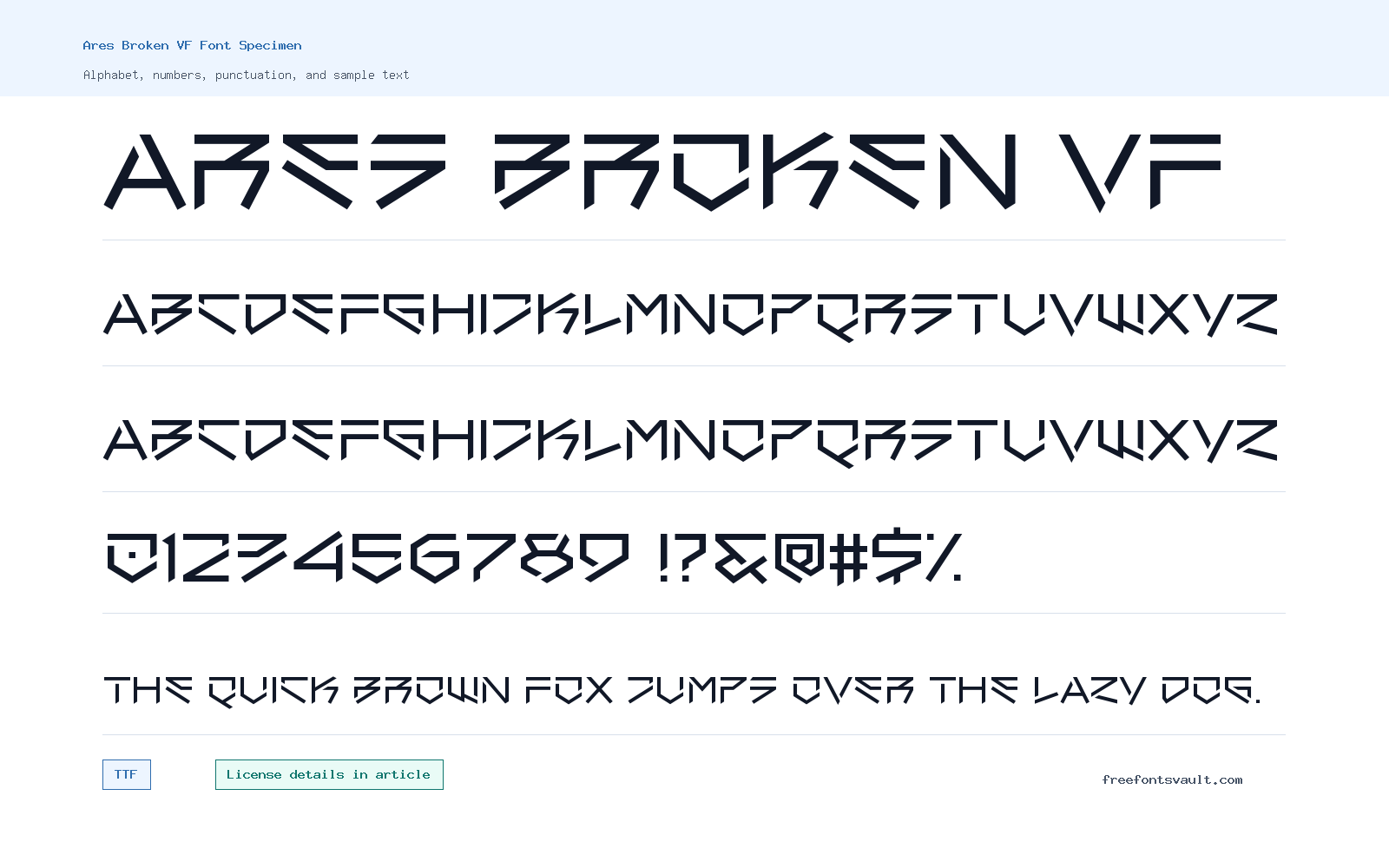 Ares Broken VF font specimen showing alphabet, numbers, and sample text