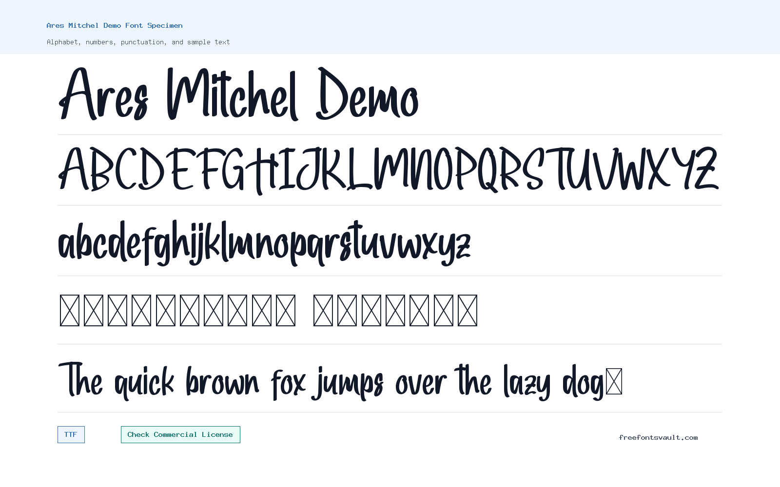 Ares Mitchel Demo font specimen showing alphabet, numbers, and sample text
