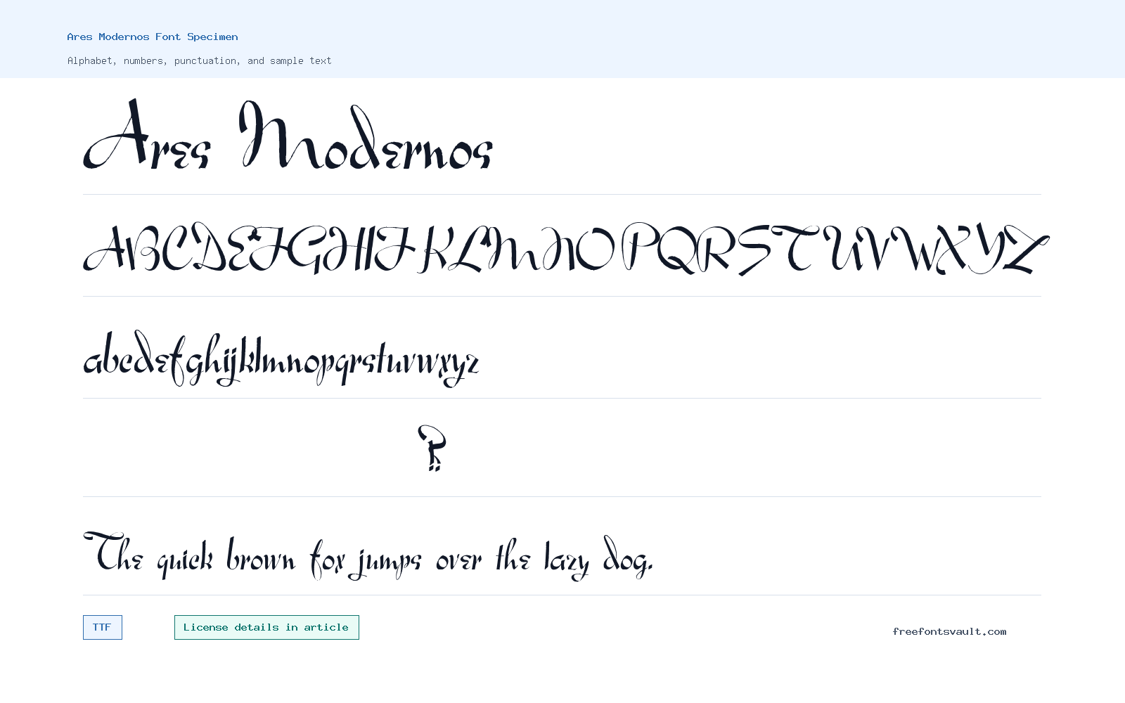 Ares Modernos font specimen showing alphabet, numbers, and sample text