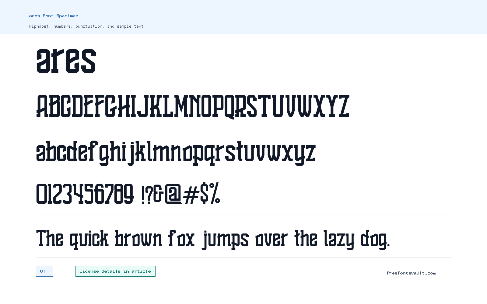 ares font specimen showing alphabet, numbers, and sample text