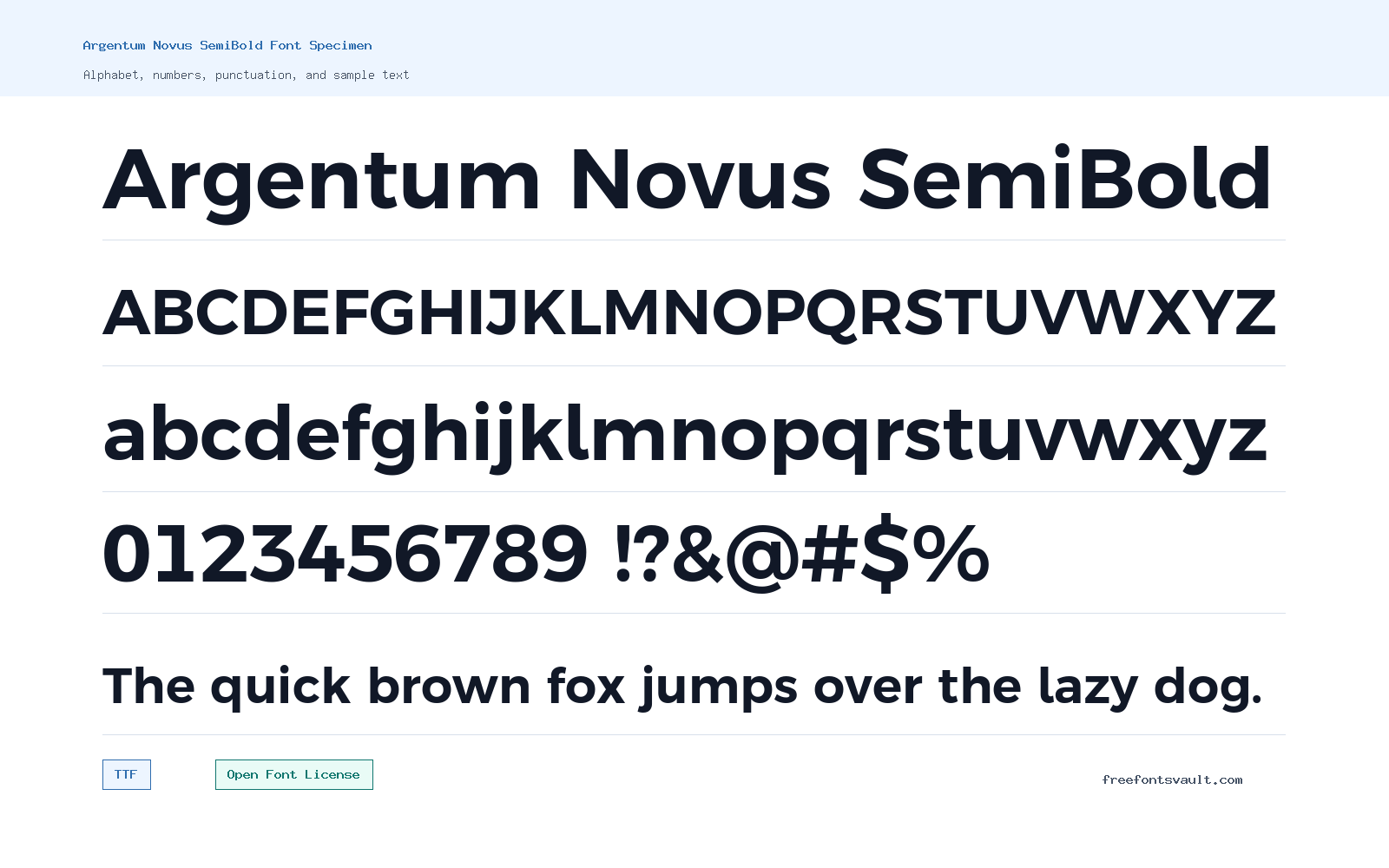Argentum Novus SemiBold font specimen showing alphabet, numbers, and sample text