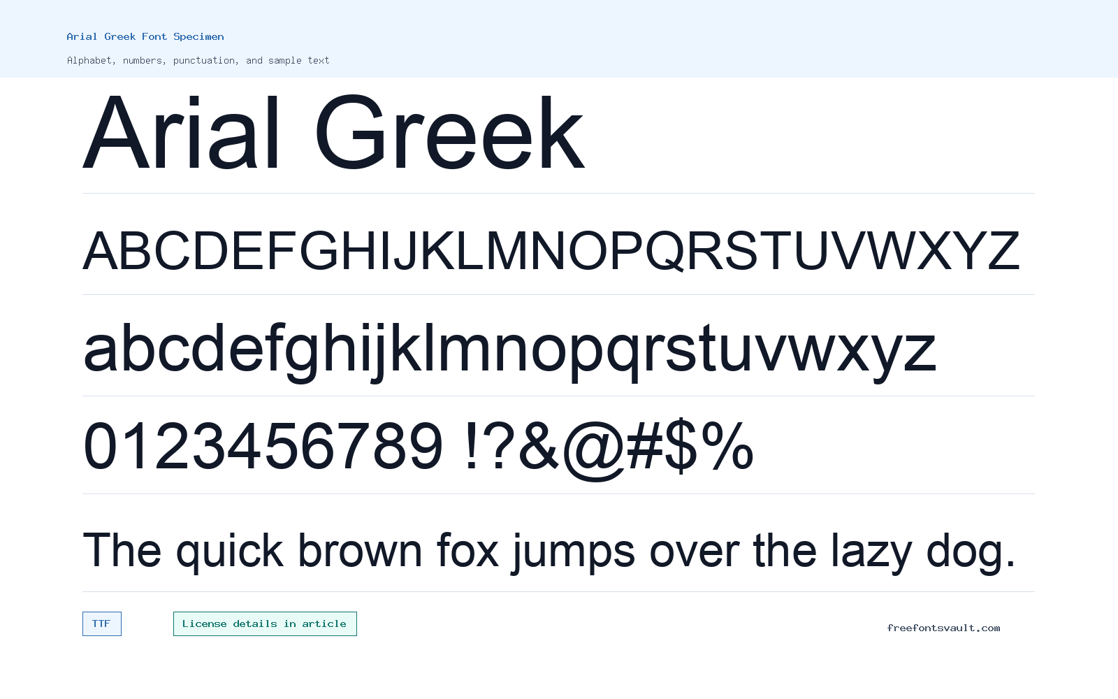 Arial Greek font specimen showing alphabet, numbers, and sample text