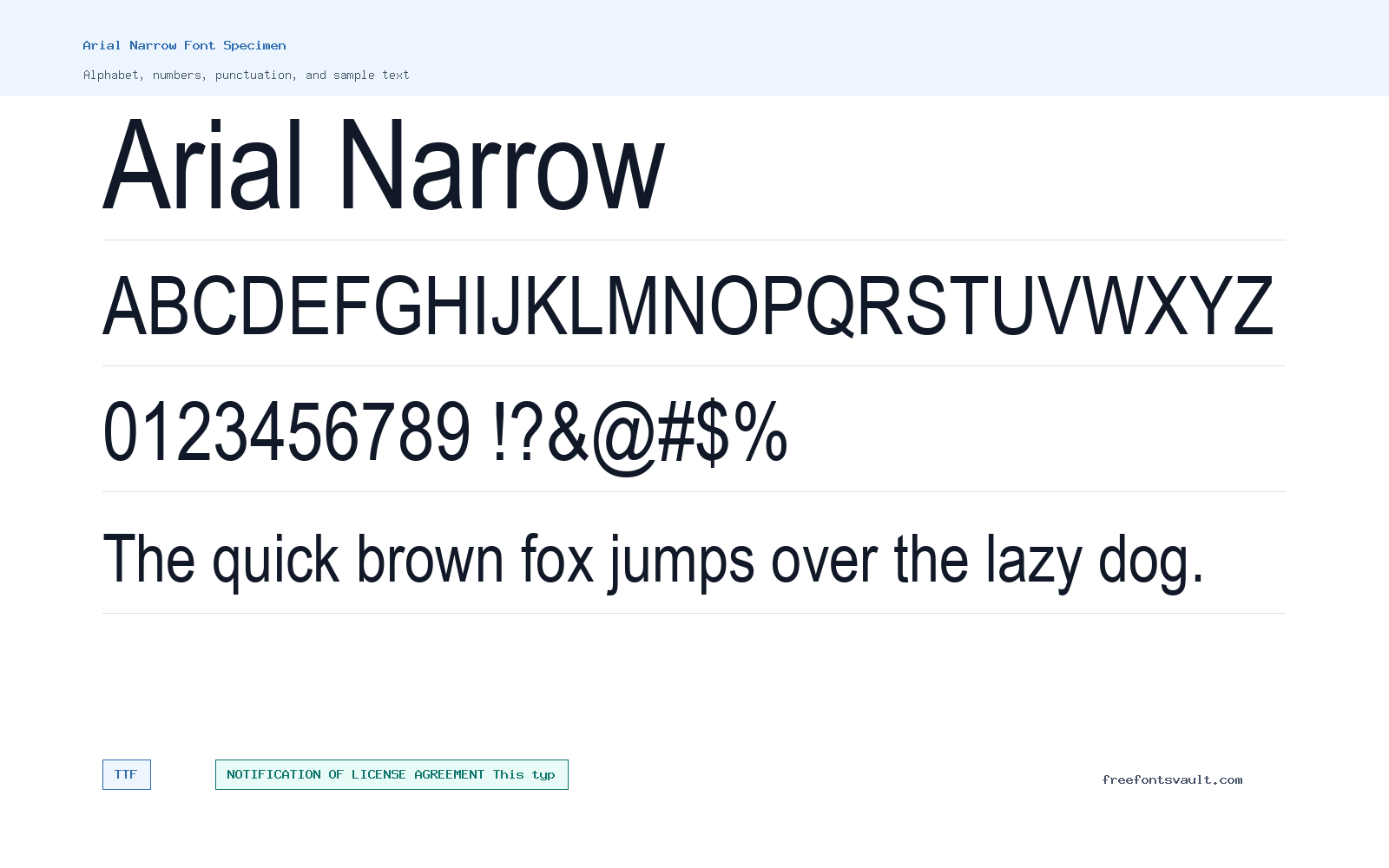 Arial Narrow font specimen showing alphabet, numbers, and sample text