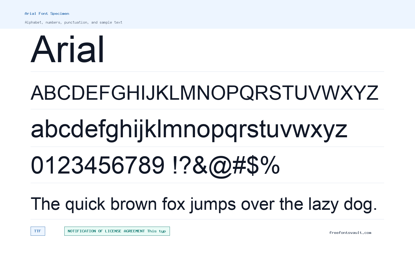Arial font specimen showing alphabet, numbers, and sample text