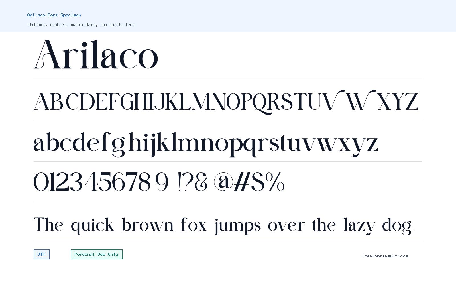 Arilaco font specimen showing alphabet, numbers, and sample text